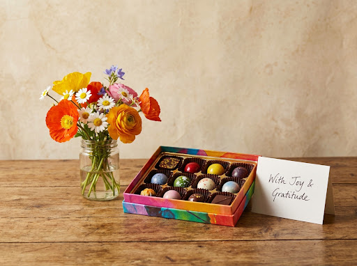 Flowers, chocolates and a card arranged for a celebration